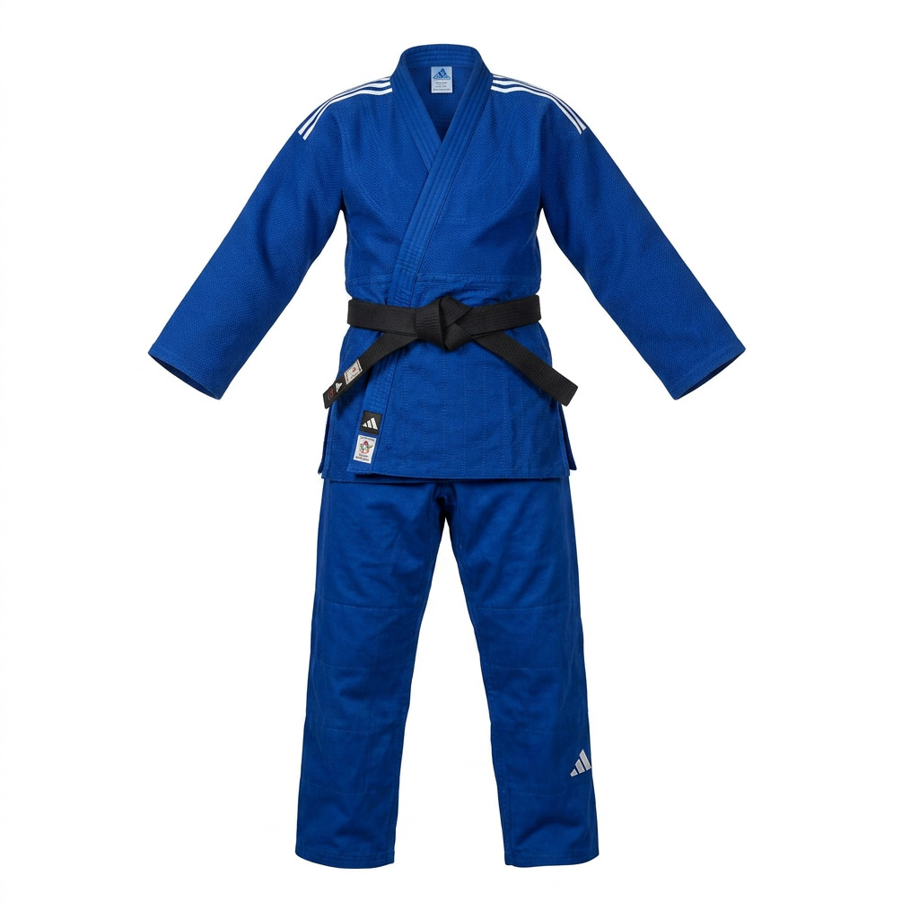 Judogi Adidas IJF J730 Champion III Slim Fit blu strisce bianche
